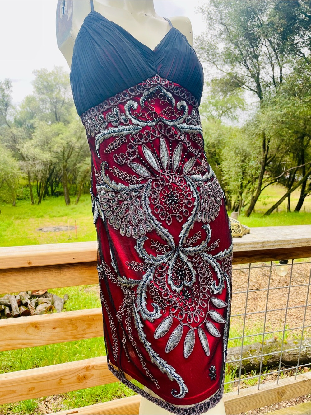 Sue Wong RARE Deep Red Satin Evening Dress with Black Trim AND ORANTE BEADING